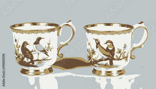 Elegant porcelain teacups adorned with colorful bird illustrations set against floral accents and gold trim, reflecting exquisite craftsmanship and artistic design