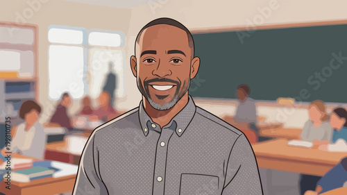 Smiling male teacher standing in a primary school classroom