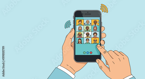 Person using a smartphone to participate in a large group video conference call with multiple diverse participants.