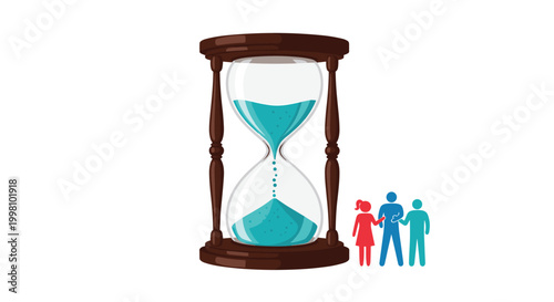 Large wooden hourglass with teal sand flowing next to a colorful family icon representing time spent together.