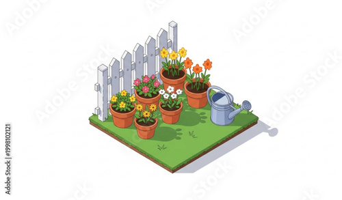 Isometric backyard garden vector with fence flower pots and watering can modern spring landscaping concept