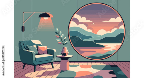 Minimalist living room with a serene landscape view through a circular window, creating a peaceful and cozy interior design scene with soft lighting