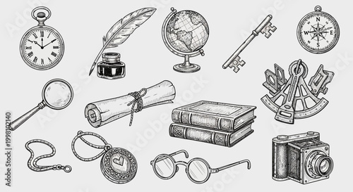 Vintage Collection of Antique Exploration Tools and Historical Knowledge Items, Hand-drawn Retro Discoveries and Scientific Instruments Set