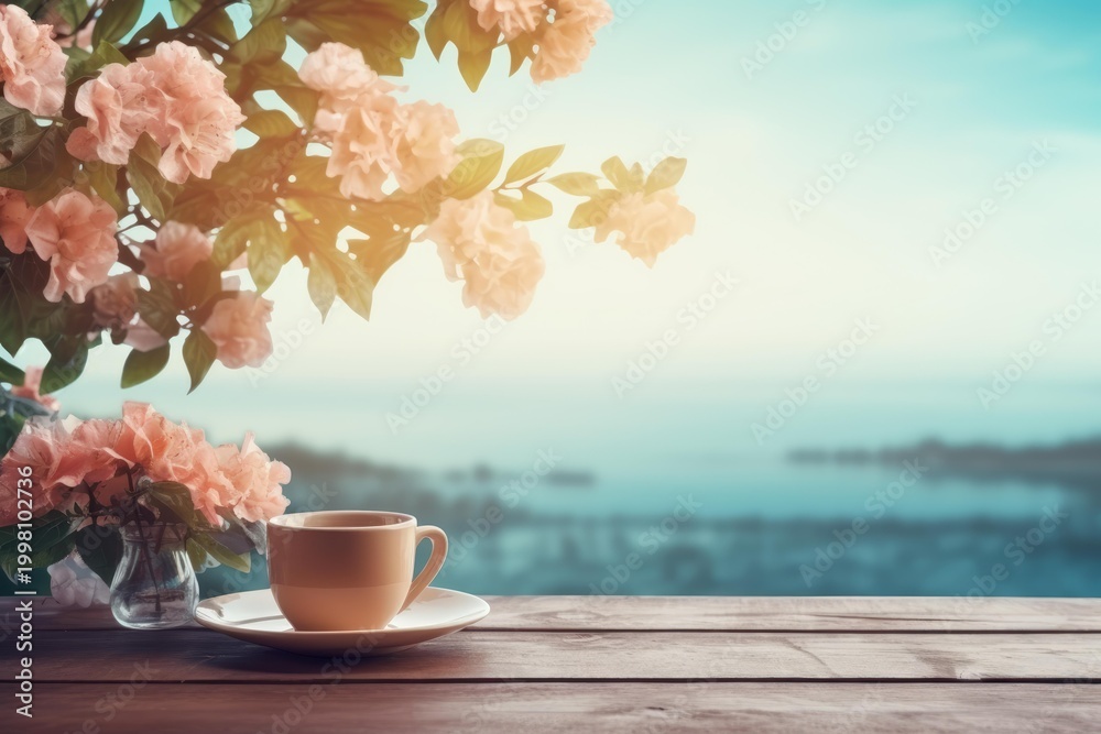 Fototapeta premium Coffee cup and flowers on a wooden table overlooking a serene sea scape