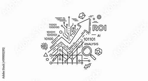 Digital analysis and growth trends with abstract data, circuits, and AI elements