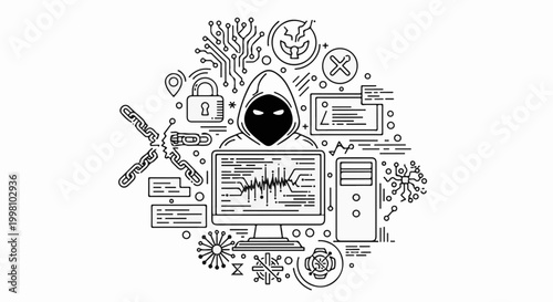 Digital hacker operating computer with cybersecurity icons, code, and broken chains