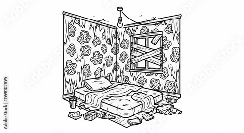 Dilapidated room with a stained mattress, trash, and boarded window