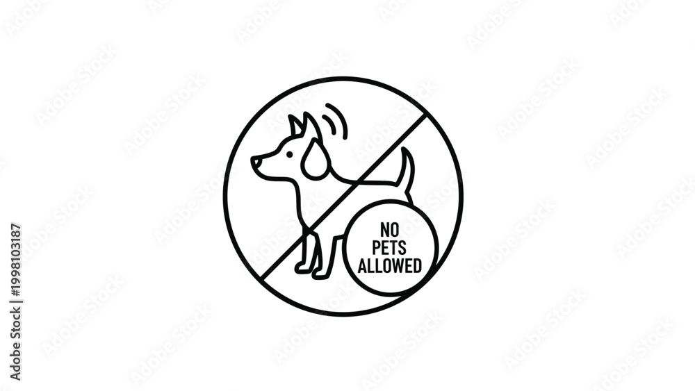 Obraz premium Black and white no pets allowed sign featuring dog silhouette inside forbidden circle to indicate restricted entry for animals.