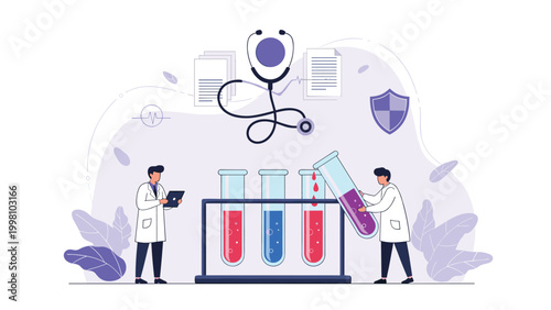 Medical professionals conduct scientific research in laboratory using test tubes and stethoscope for healthcare and clinical trials.