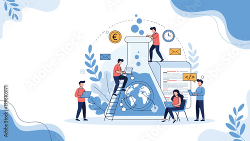 Diverse researchers work around giant laboratory flask with world globe inside representing global scientific collaboration and discovery.
