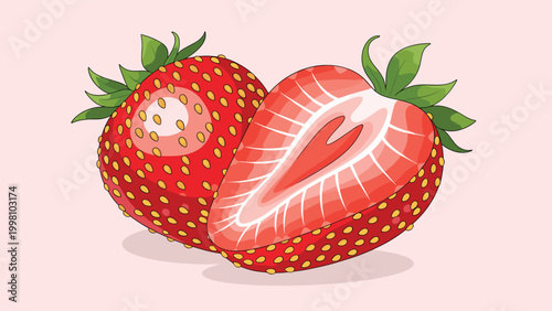 Fresh red strawberries with green leaves shown in whole and half sliced views for healthy eating and organic fruit snack concepts.
