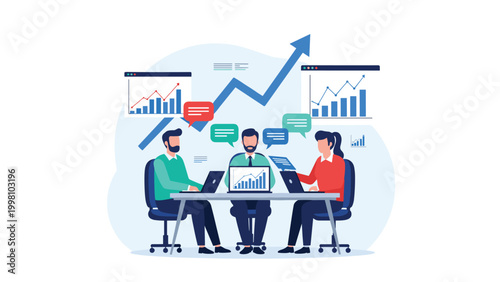 Business meeting participants analyze growth charts and statistics on laptops to develop successful corporate financial strategies.