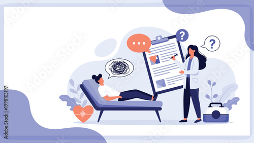 Professional therapist takes notes while patient relaxes on couch during mental health counseling session in calm office environment.