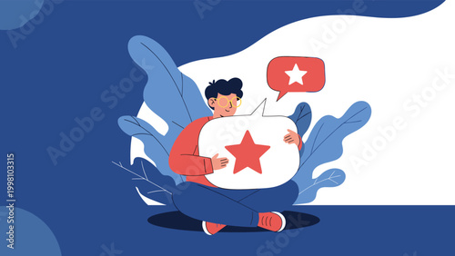 Happy person sitting cross legged holding giant star speech bubble representing positive customer feedback and excellent user reviews.
