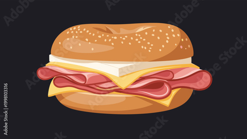 Tasty breakfast bagel sandwich with sesame seeds filled with layers of ham and melted cheese isolated on dark background.