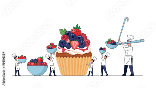 Team of pastry chefs decorate giant cupcake with fresh berries like strawberries, blueberries, and raspberries for a celebration.