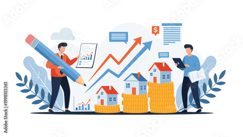 Real estate investment concept showing houses on stacks of coins with people analyzing market growth charts and property data.