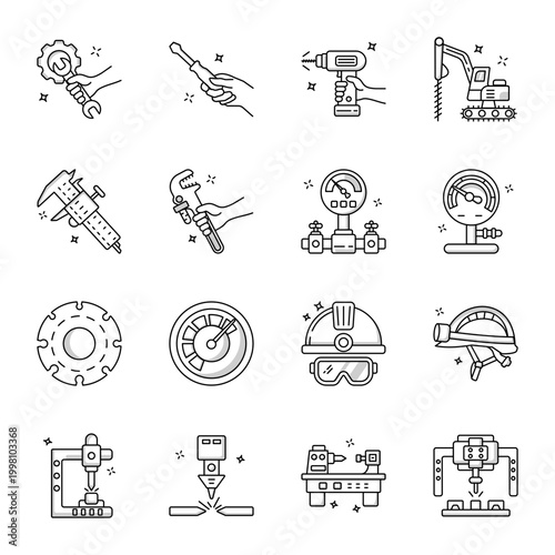Collection of Tools and Machinery Line Icons 

