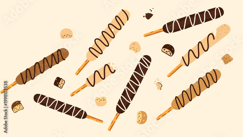 Seamless pattern of chocolate dipped biscuit sticks with colorful drizzle toppings and scattered crumbs on a cream background.