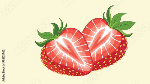 Fresh strawberry cut in half displaying the detailed red interior and green leaves on a light cream background for food art.