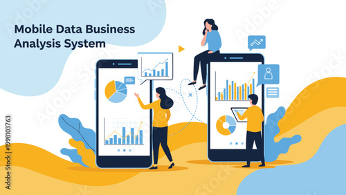 Mobile data business analysis system concept with people viewing interactive charts and graphs on giant smartphone screens in flat style.