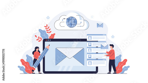 Email marketing and communication concept with people managing messages and user profiles on a large digital tablet screen illustration.