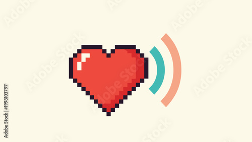 Pixel art red heart with radio frequency or signal waves indicating love connection health monitoring or wireless communication.