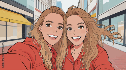 Two joyful female friends taking a selfie on downtown street