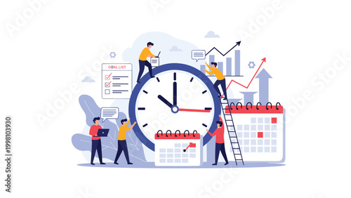 Efficient team managing project deadlines and schedules around a giant clock and calendar with growing financial charts.