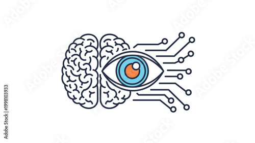 Human brain icon integrated with an eye and electronic circuit lines representing artificial intelligence and advanced digital perception.