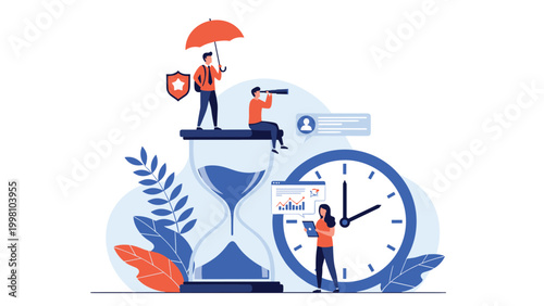 Business professionals managing schedules and deadlines with hourglass and clock symbols to optimize organizational productivity and efficiency.