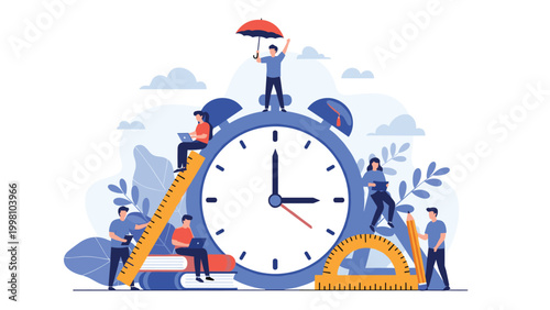 Students and educators interacting with large clock and school supplies like books and rulers to represent effective academic time management skills.