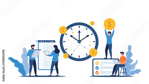 Financial planning and time management concept featuring people interacting with a large clock and dollar coins to optimize investment strategies.