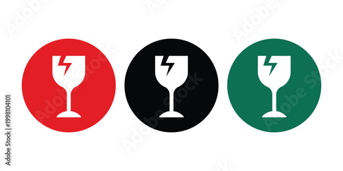 Fragile Glass Icons Set in Red Black and Green Circles, Broken Glass Symbol Collection for Packaging Labels, Shipping Warning Icons for Logistics Warehouse and Delivery Use