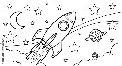 Rocket ship with moon and stars black and white silhouette