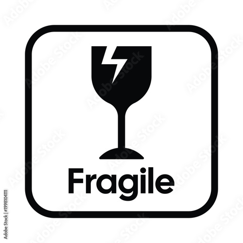 Fragile Glass Sign with Text and Broken Glass Icon, Handle with Care Packaging Label, Minimal Black and White Shipping Warning for Warehouse, Logistics, Transport and Delivery Use