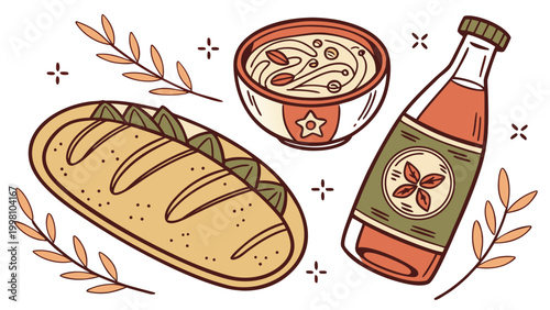 Flat vector illustration set of fermented foods and drinks on a table