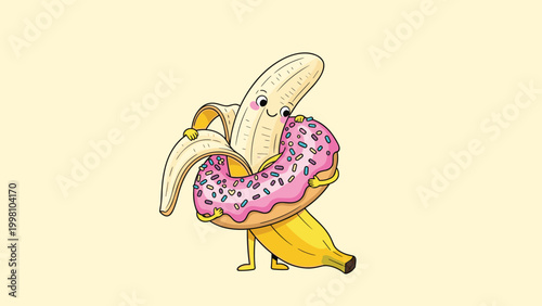 Whimsical cartoon character of a peeled banana holding and hugging a colorful glazed donut with sprinkles against a soft yellow background.