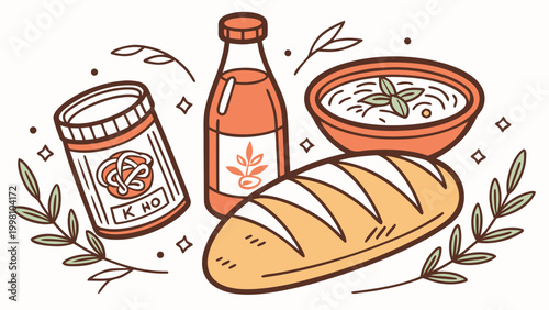 Flat vector illustration set of fermented foods and drinks on a table