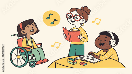 Flat vector illustration of children with diverse abilities playing together