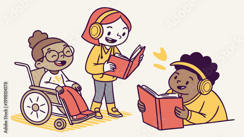 Flat vector illustration of children with diverse abilities playing together