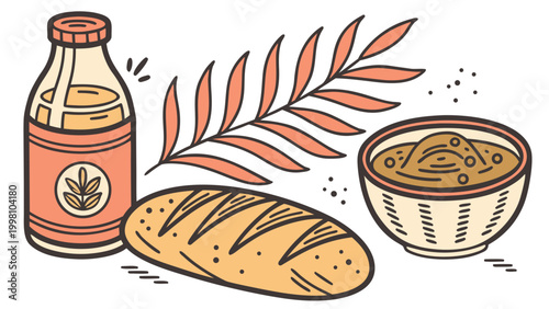 Flat vector illustration set of fermented foods and drinks on a table