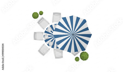 Top view garden patio with striped umbrella and white chairs vector outdoor furniture layout design