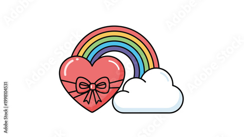 Festive heart symbol wrapped with a bow and ribbon next to a rainbow and cloud to celebrate love gifts and special romantic holidays.