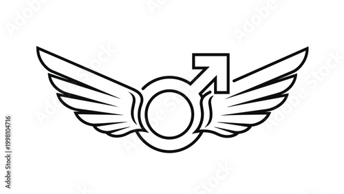 Male gender symbol with eagle wings on white background represents masculine freedom and power in simple black line art style.