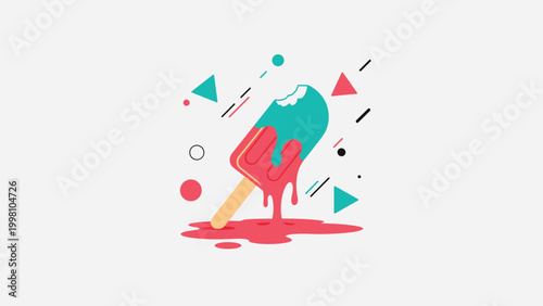Colorful melting ice cream popsicle on stick surrounded by abstract geometric shapes and drips in trendy flat illustration style.