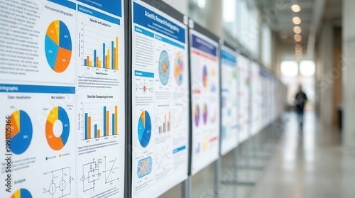 Colorful scientific posters and diagrams with a distant blur.