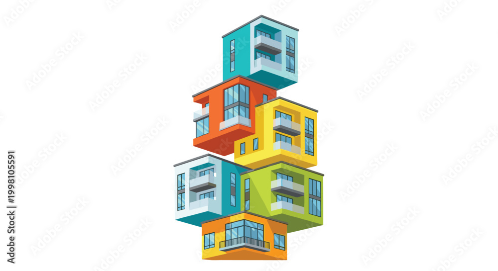 Naklejka premium A vertical stack of five modern cubic apartment buildings in vibrant colors features balconies and glass windows arranged against a plain white background surface.