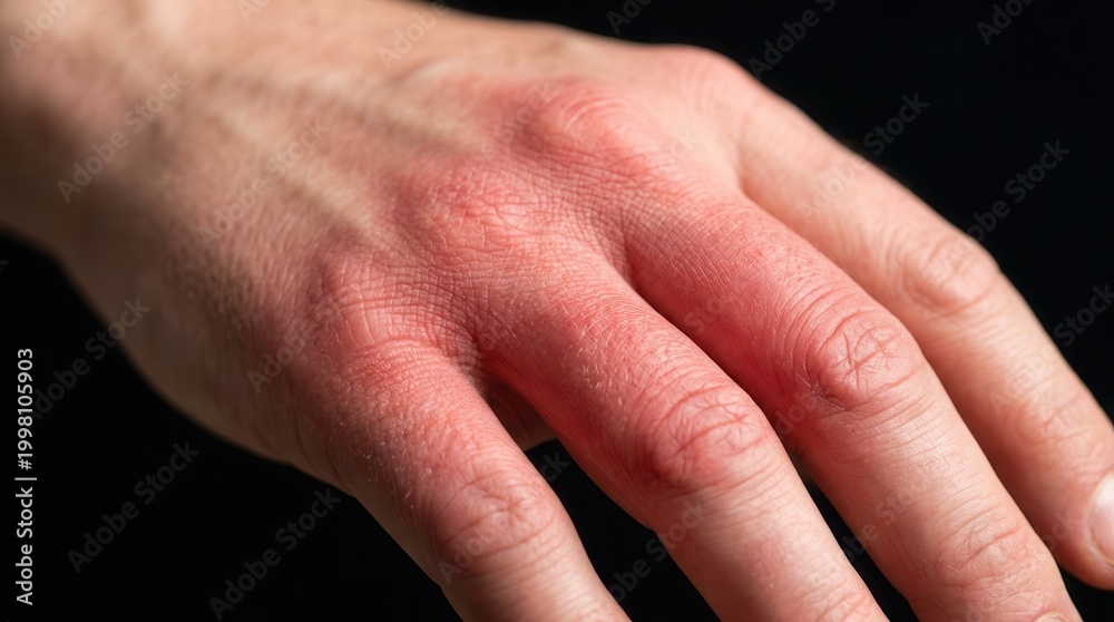 Fototapeta premium First degree burn on a human hand showing vivid red heat marks and epidermal irritation.