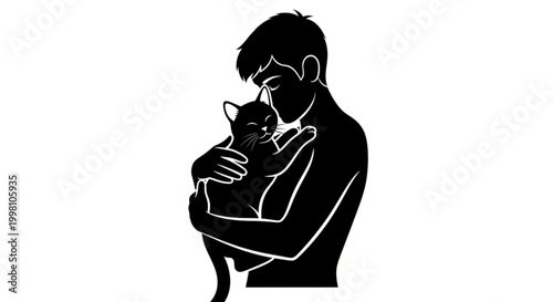 Man holding cat in arms silhouette of person cuddling feline black and white illustration